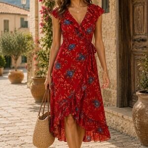 Magnolia Skye Red Floral Ruffle Wrap Dress High Low V-Neck Sz S boho cottagecore